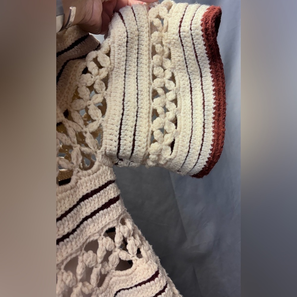 Vintage 60s One of a Kind Hand Crocheted Ivory with Brown Trim Sweater Jacket - Picture 8 of 9
